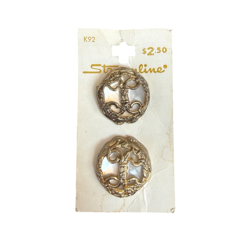 Vintage 1980s Streamline Mother of Pearl Look Gold Tone Buttons NOS On Card